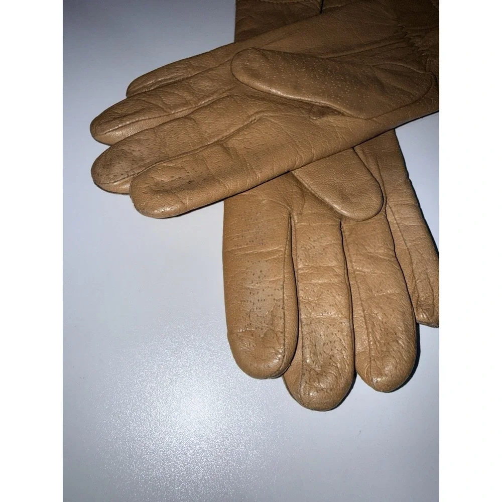 Vintage Fownes 1950s‎ Women's Tan LEATHER GLOVES With Warm Lining size 8.5 D